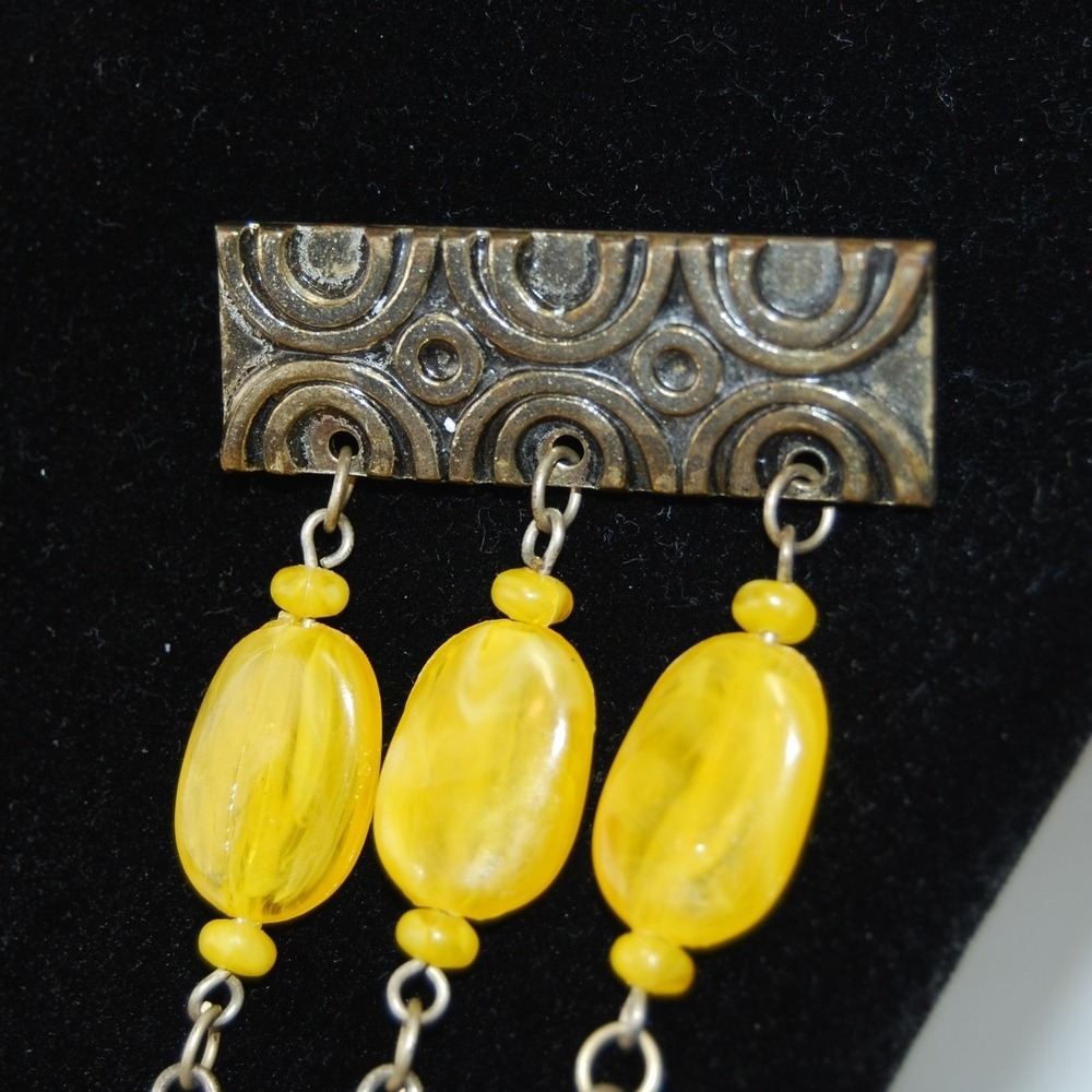 Yellow Brooch Vintage Beaded Dangle Silver-tone Glass bead Statement Jewelry - Picture 2 of 8